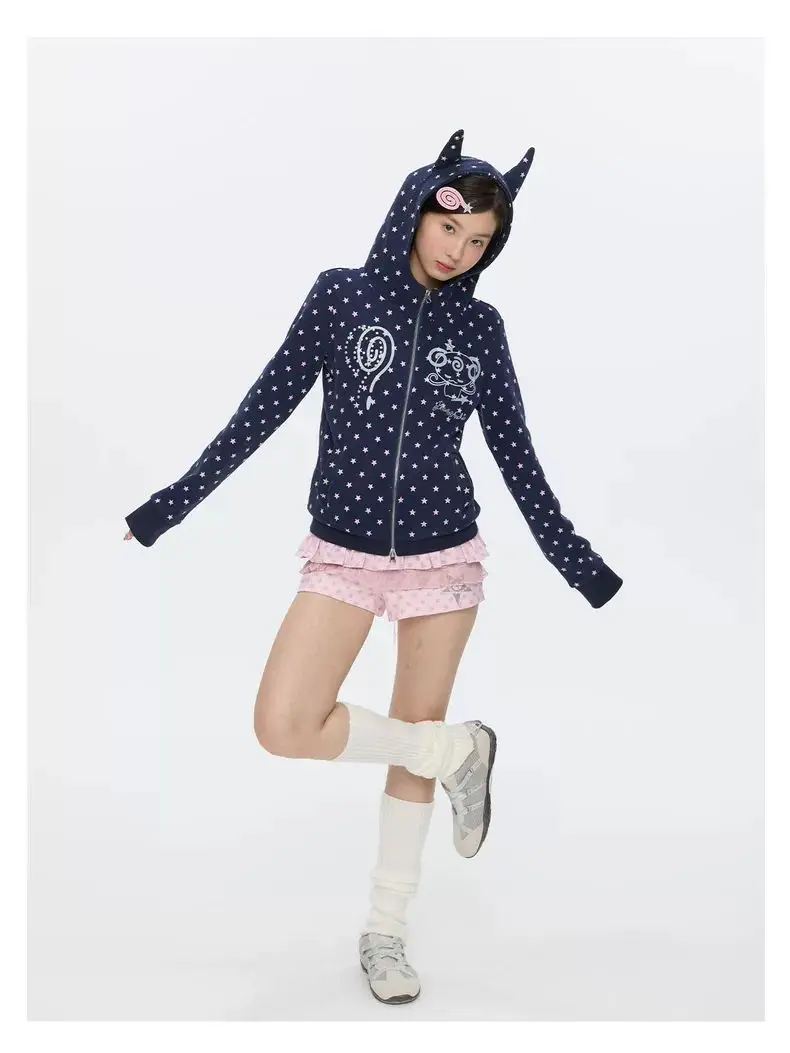 2000年代のかわいい角付きジップアップパーカー、ピンクの星柄とキュートな漫画の星、Y2K風、キュートな悪魔のフード付きジャケット、スイートなE-girls向け