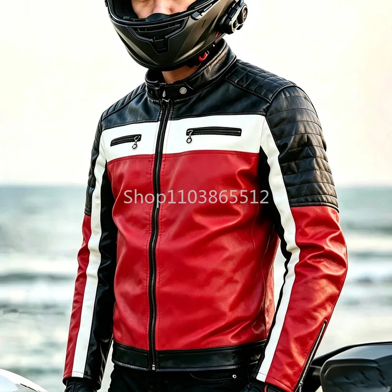 Men's Slim Fit Leather Jacket Patchwork Coat Men Fashion Motorcycle Jacket Streetwear Casual Faux Leather Jackets Male Outerwear