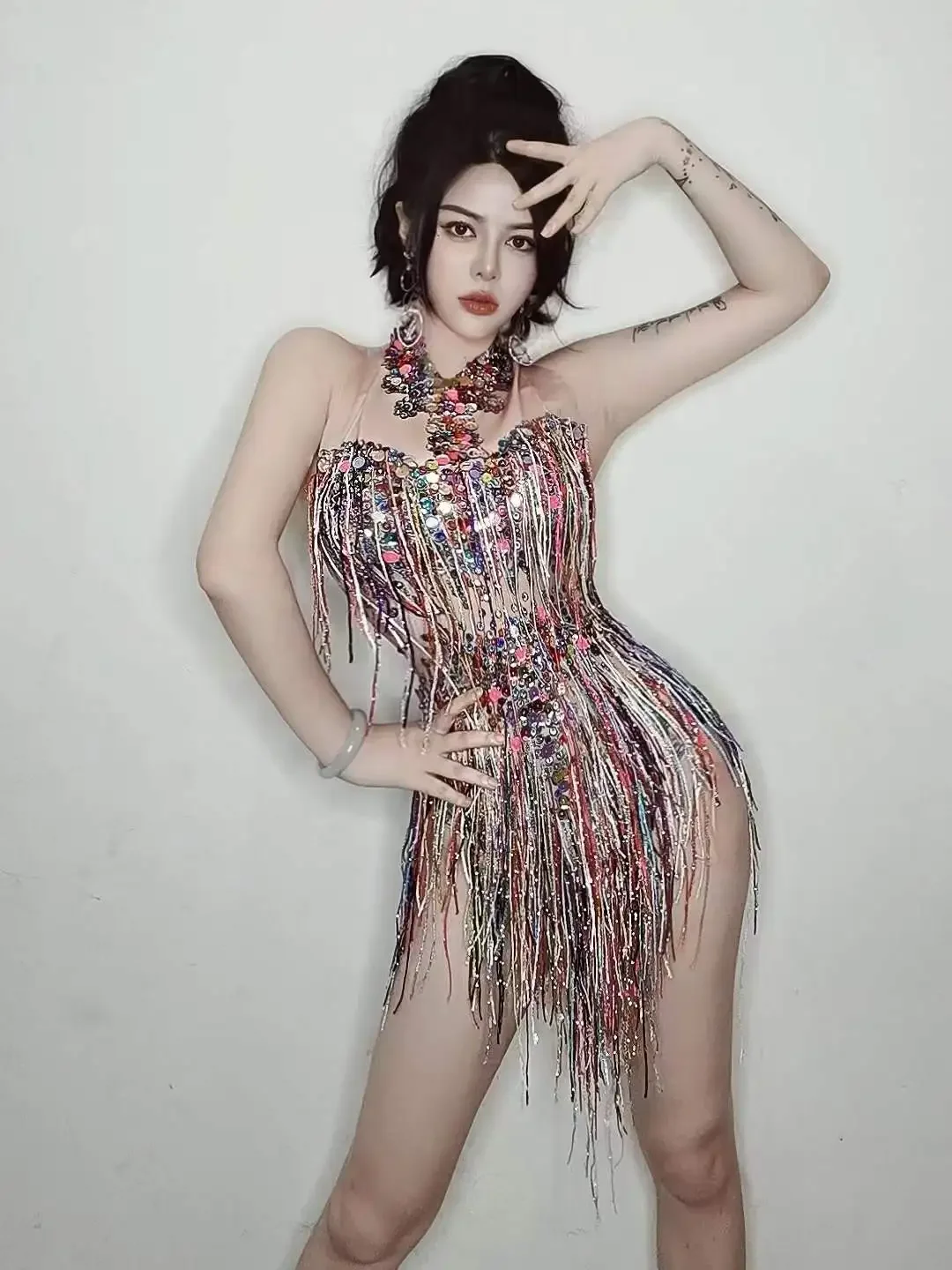 

Women Rave Outfits Shining Fringe Rhinestone Backless Sexy Latin Dance Bodysuits Sequin Sleeveless Halter Leotard 2025 New Show