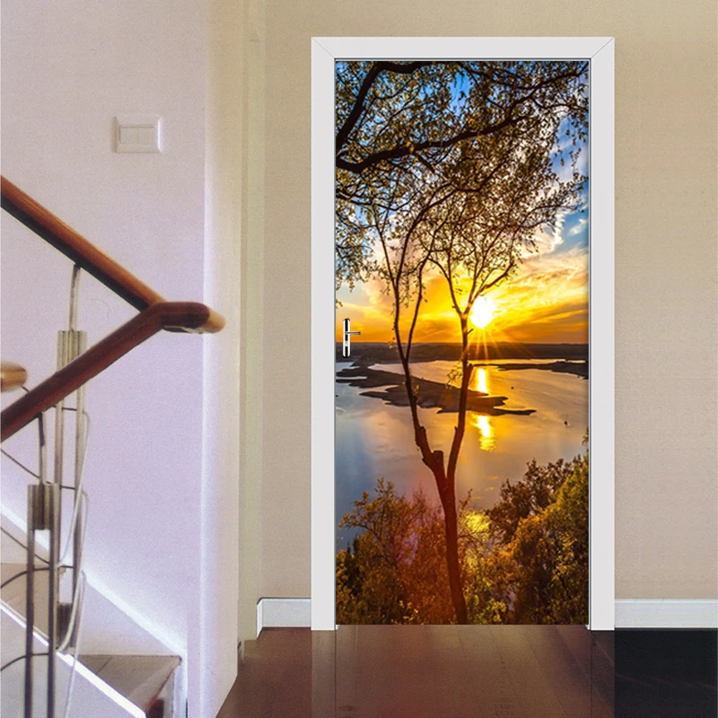 DIY Door Sticker 3D Forest Sunset Scenery Mural Wallpaper PVC Self-adhesive Wall Decal For Living Room Study Door Decor Poster