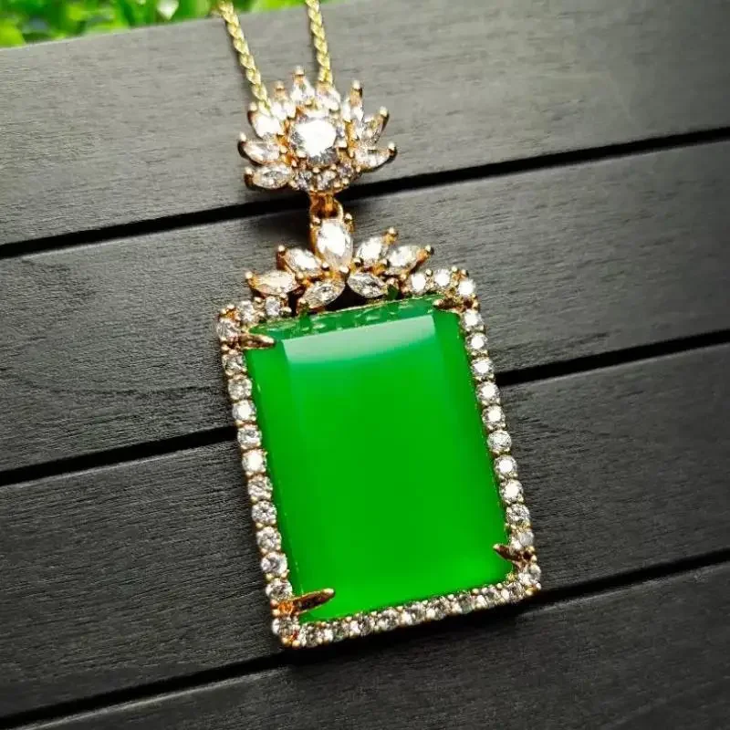 

Natural Green Jade Pendant Women Chrysoprase Charms Jewelry Accessories Genuine Certified Jades Stone Rectangular Amulet Gifts