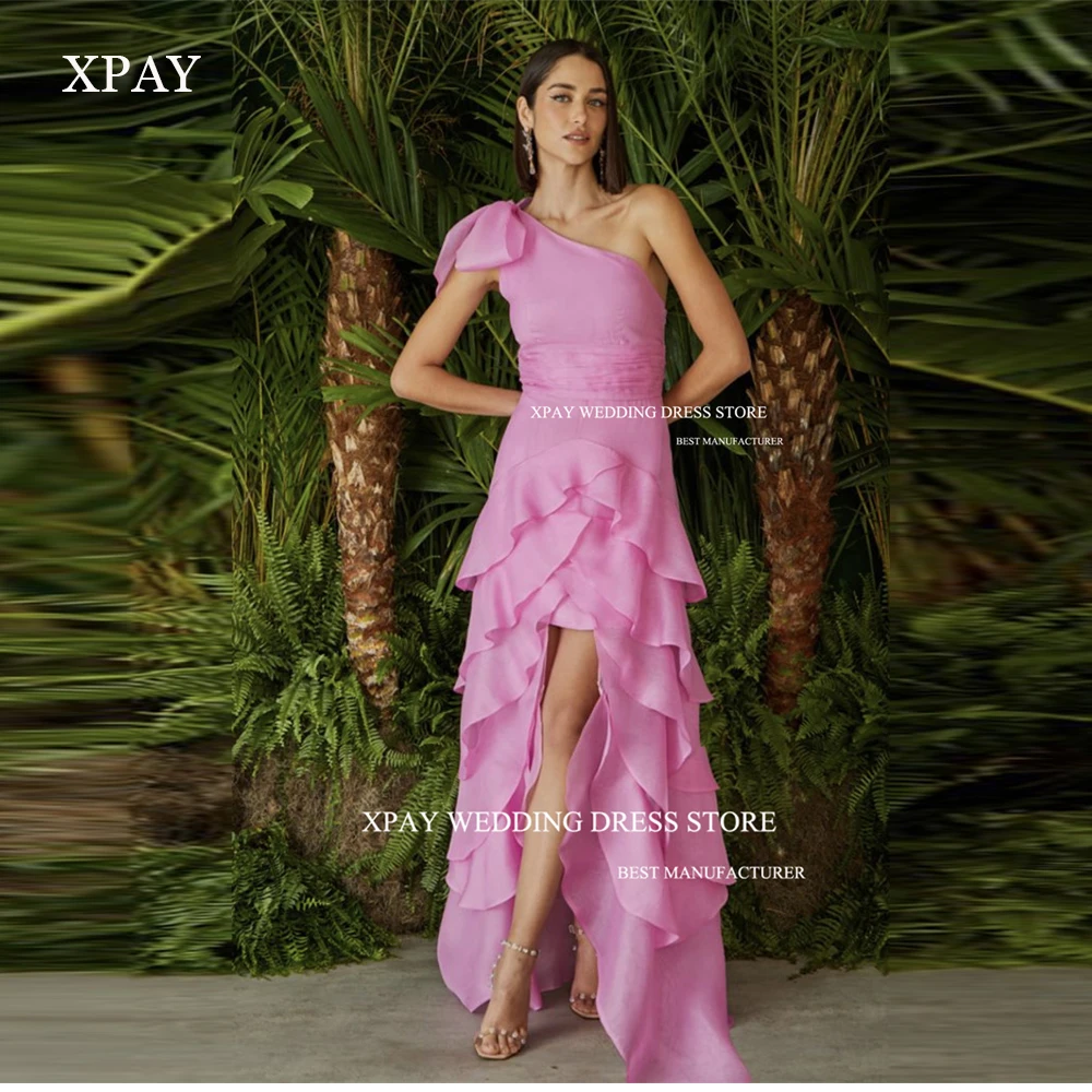 XPAY-um ombro rosa babados vestido de festa para mulheres, vestidos de baile árabes, vestidos de noite divididos, vestido de festa formal