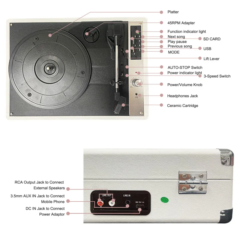 Imagem -06 - Turntable Vinil Bluetooth Speaker Alto-falantes Retro Gramofone Portátil Mala Vintage Player Sistema de Som Surround