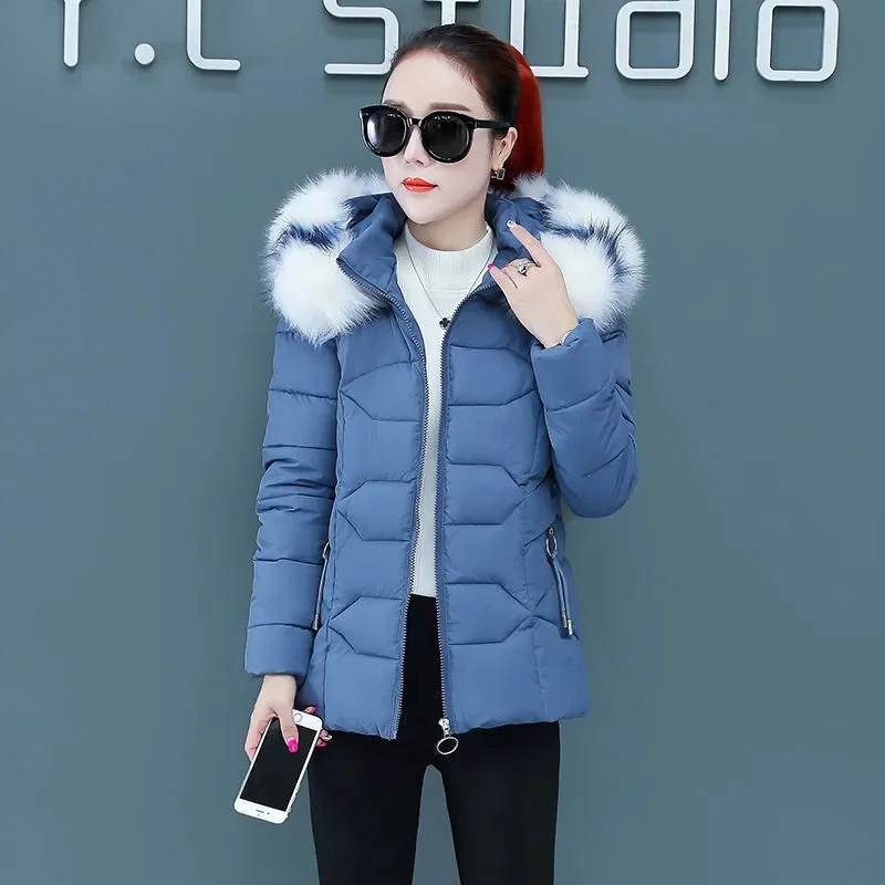 2023 New Winter Coat Women Parka Fur Collar Hooded Female Puffer Coats Casual Down Cotton Jacket Parkas Thick Warm Outerwear