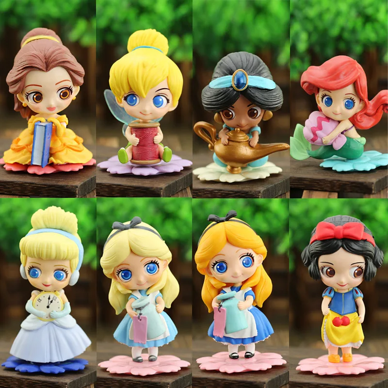 8cm Anime Disney Princess Q Version Snow White Bella Cinderella Ariel Jasmine Alice Pvc Action Figures Model Dolls Toys