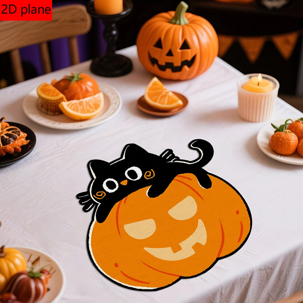 Halloween Alien Table Mat with Pumpkin Black Cat Design, Thickened Fabric, Includes 4 Self-Adhesive Pads
