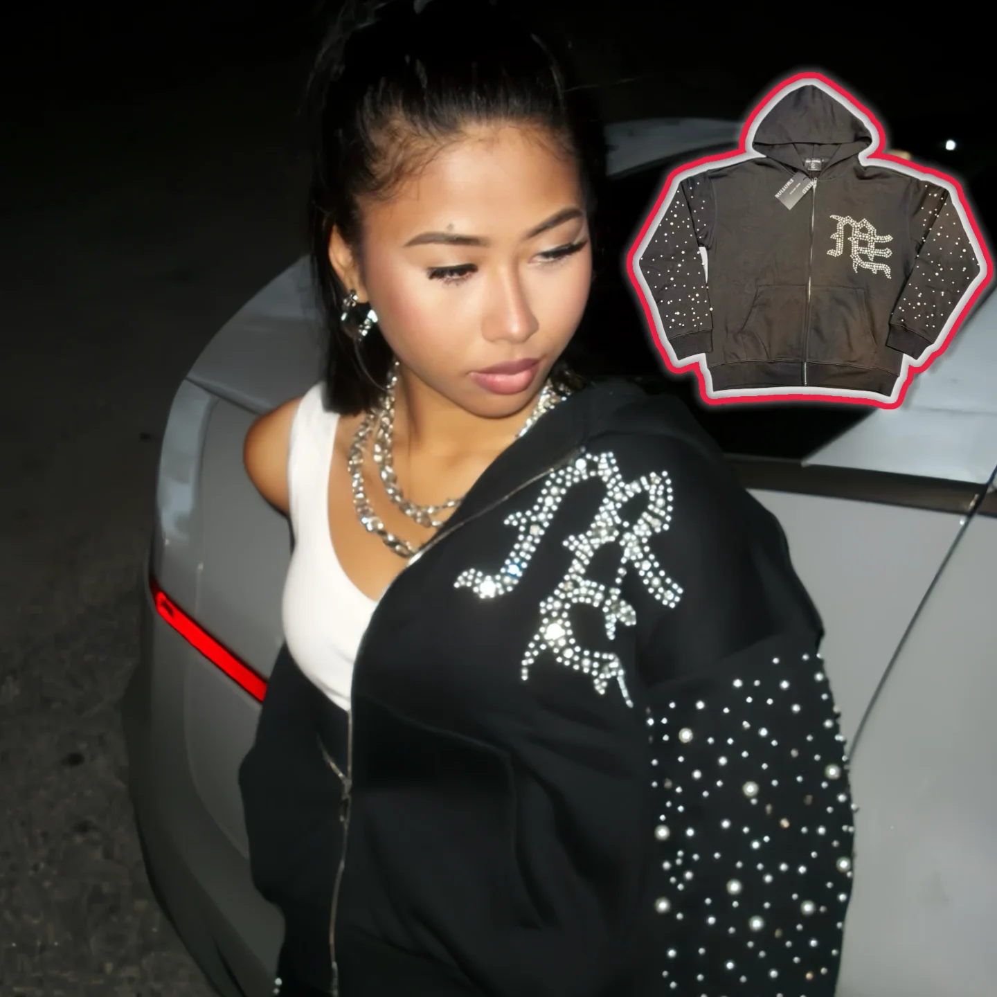 

Американский уличный ретро-свитшот с жемчужными стразами, повседневная толстовка свободного кроя с длинными рукавами, молодежная модная модель на молнии