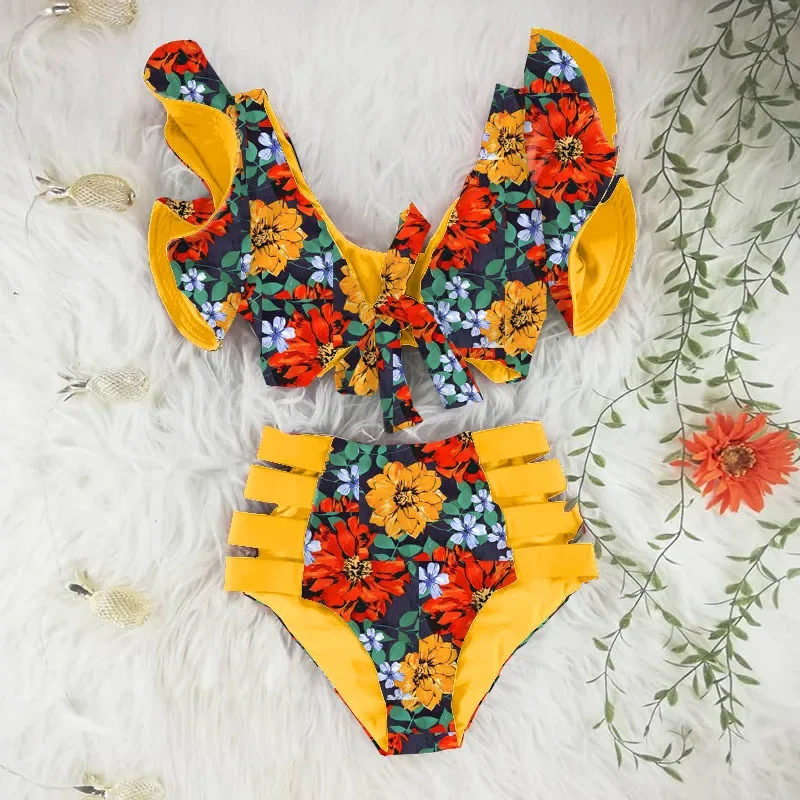 Bikini Sexy de cintura alta para mujer, traje de dos piezas, traje de mujer, ropa de playa de modelo Floral, V Nit