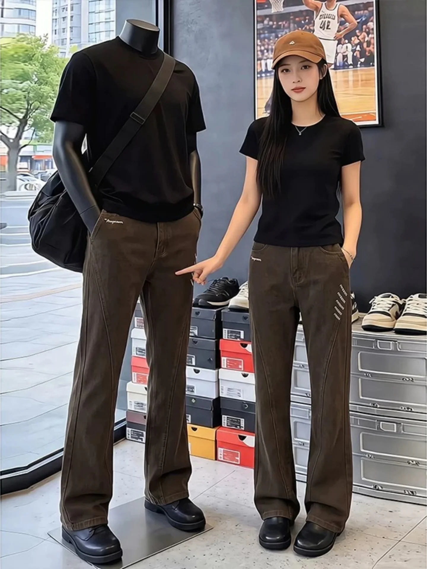 American Style Brown Slant Cut Flared Jeans Men's Loose Straight Leg Long Pants Autumn Season Casual Wear Youth Fashion