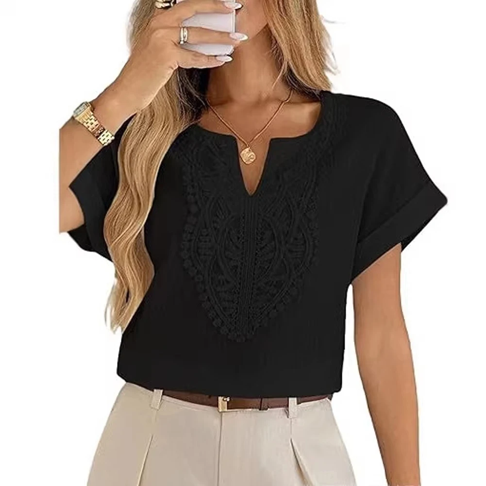 for Relaxed Fit Solid Color Womens V Neck Blouse Polyester Fabric with Lace Trim Detail Comfortable Layering Piece for Any