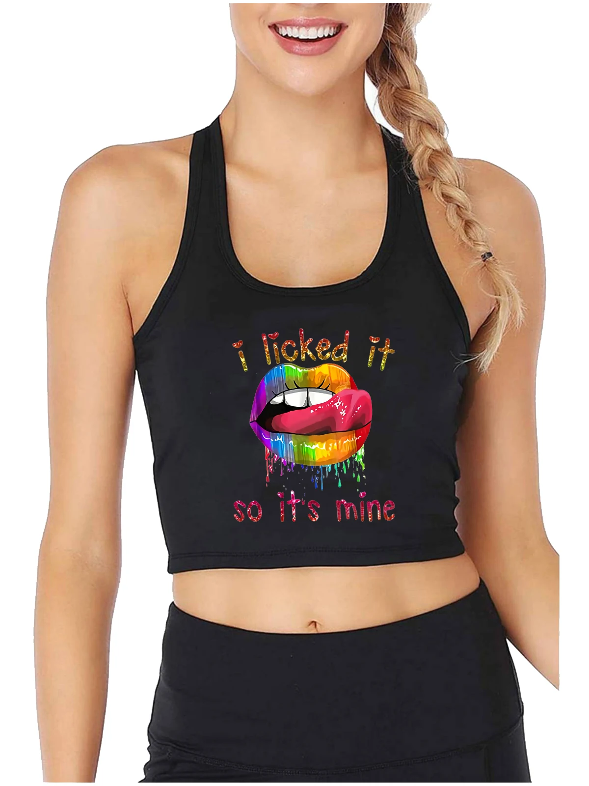 Rainbow Lips Graphic I Licked It So It's Mine Design Crop Top Hotwife Humor Fun Flirting Tank Tops Swinger Naughty Sexy Camisole