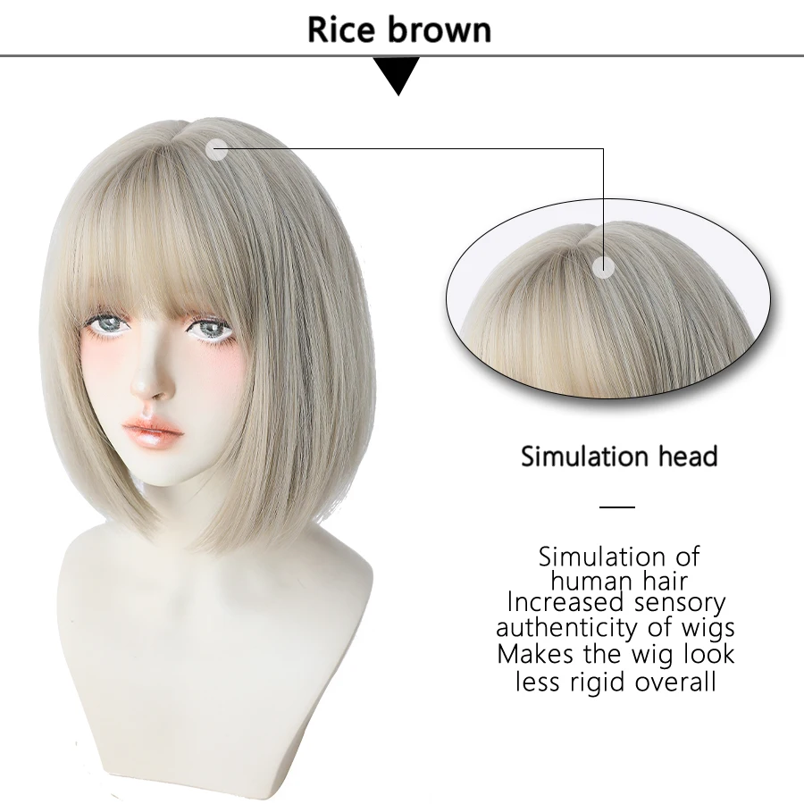 Short Straight Synthetic Wigs for Women White Grey Hair Bob Wigs with Bangs Daily Cosplay For Party Heat Resistant Lolita Hair