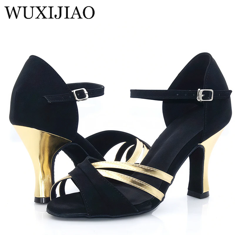 Professional Latin dance shoes for women, black velvet, gold PU splicing, adult competitive training shoes, anti slip soft sole