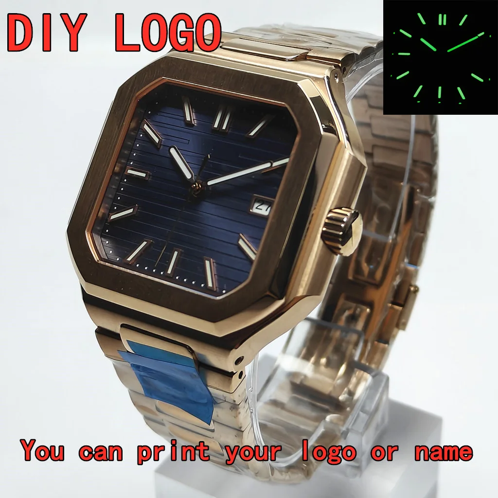 

DIY watch 44.5mm rose gold square fine steel case aseptic watch is suitable for NH35 movement Miyota 8215 movement men's watch
