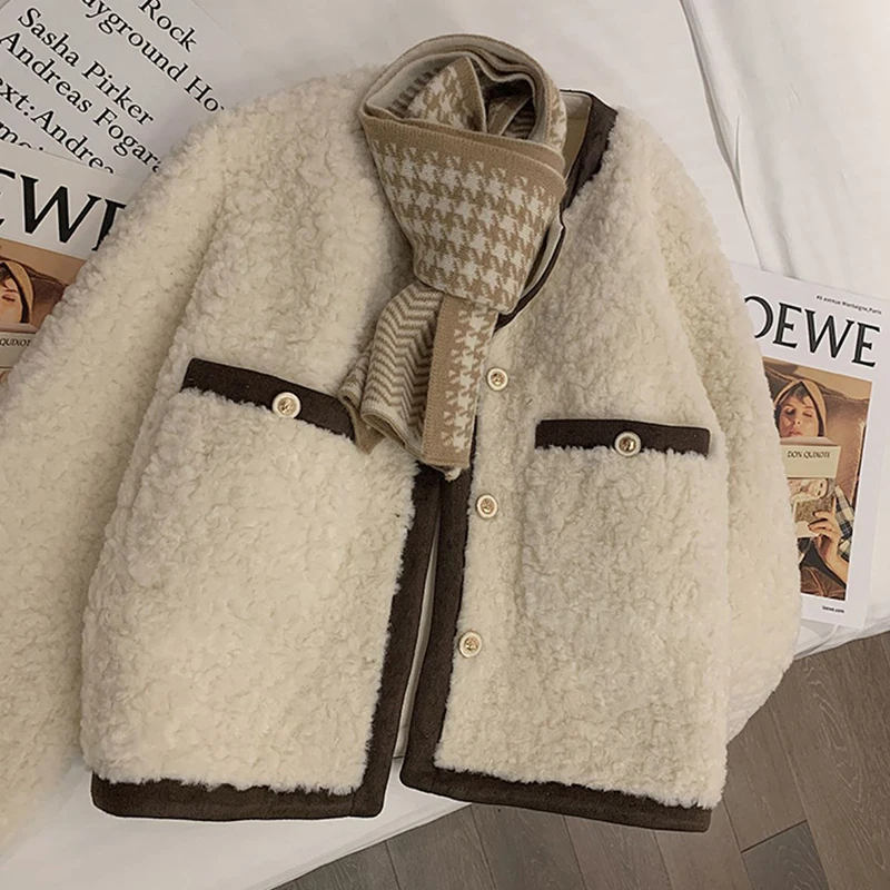 Vintage Lamb Faux Wool Jacket Women Korean Patchwork Cropped Coat Office Lady Elegant Thicken Warm Casual Short Outerwear Tops