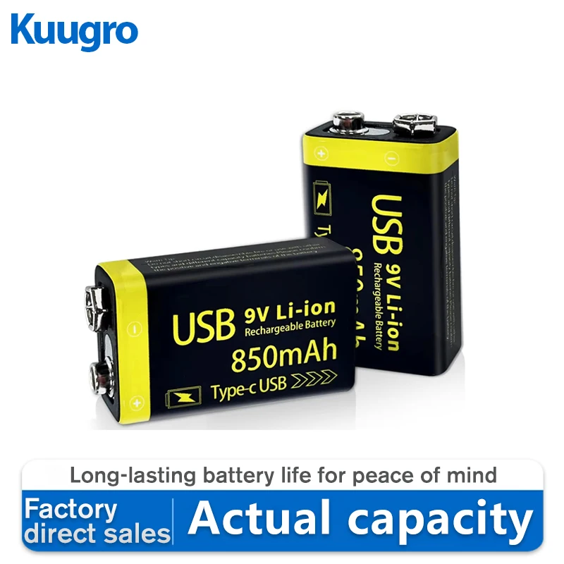 

Kuugro 9V Rechargeable Li-ion Battery 850mAh USB Charging 6F22 Compatible with RC Helicopter Model Multimeter Toy