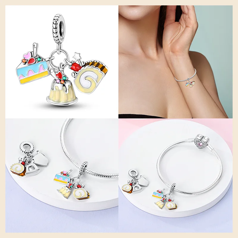 925 Sterling Silver Sisters Cake Airplane Three-piece Set Charm Beads Suitable for Pandora Original Bracelet DIY Jewelry Gift