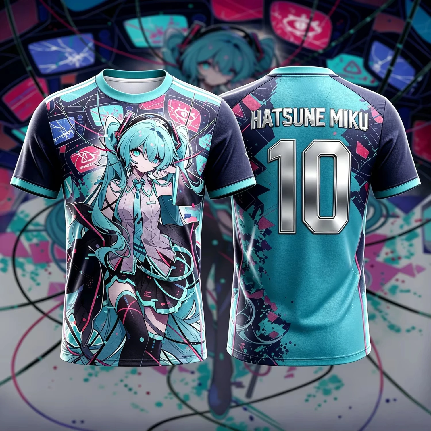 Camiseta Retro de Hatsune Miku para Cosplay, Verano 2026, para Hombre, Talla Grande, Impresión 3D, Manga Corta, Estilo Familiar Unisex Y2K