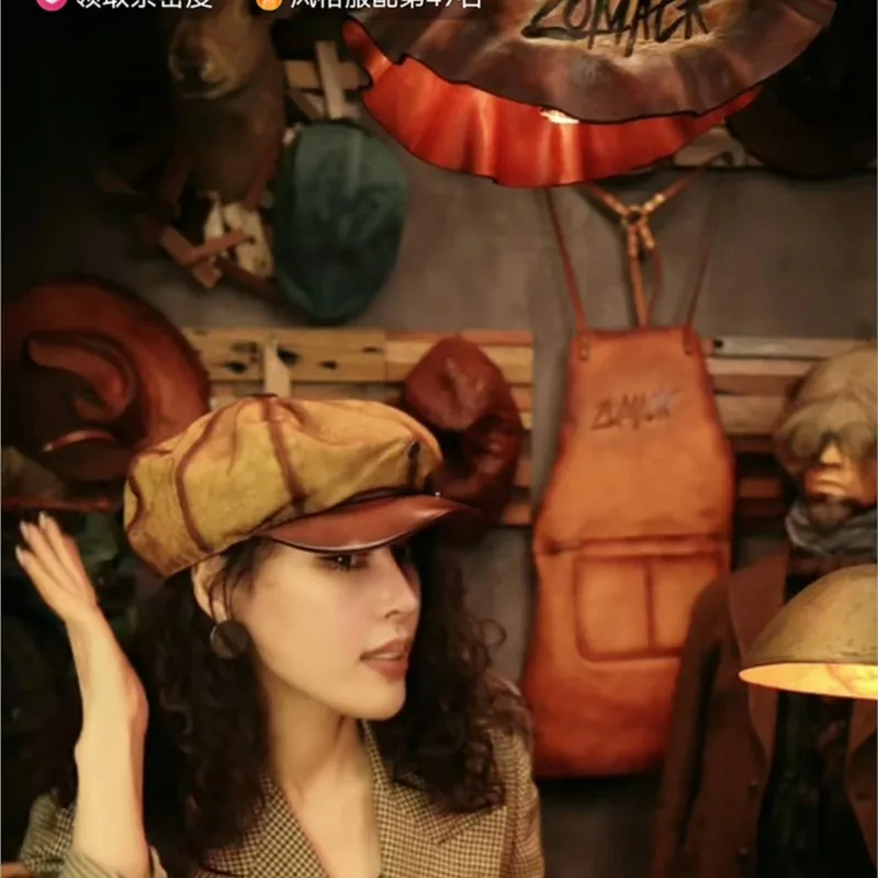 

Vintage hat men's leather octagon newspaper Child Beret PEAKED oil wax canvas