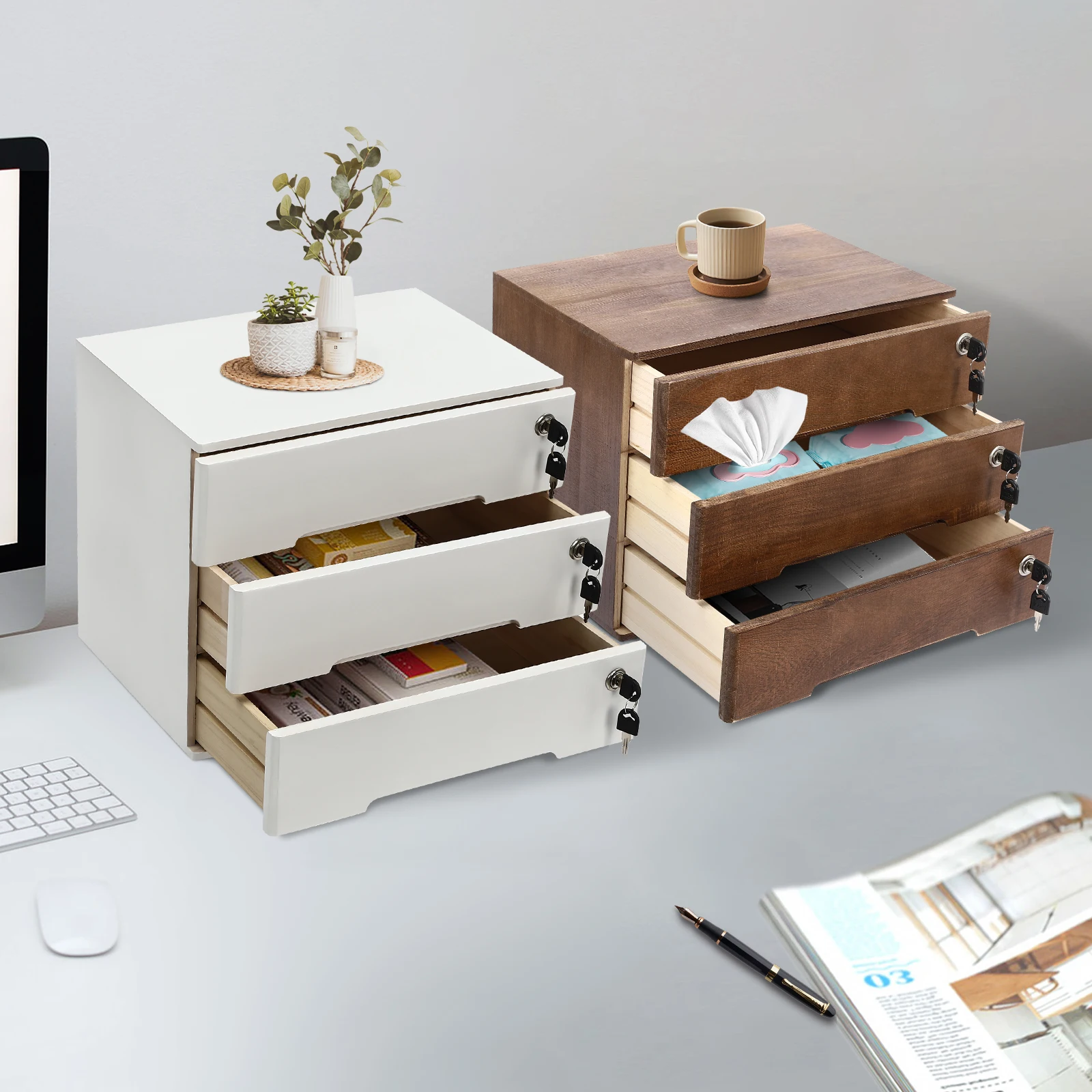 

Wooden Desktop Storage Box with Lockable Drawers - Office Supplies Organizer, Flat File Cabinet in White/Walnut