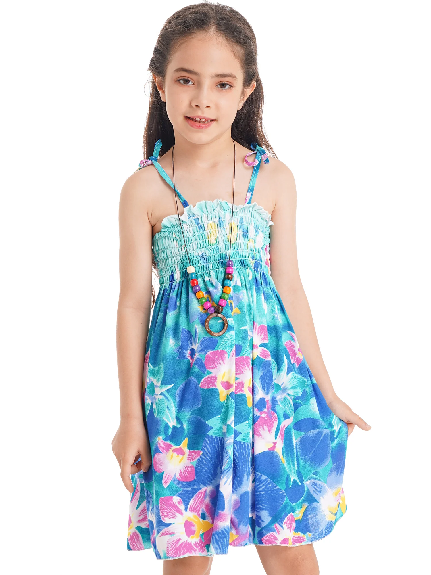 Vestidos bohemios de verano para niñas, vestido de tirantes sin mangas Floral con hombros descubiertos y collar, ropa para niños adolescentes