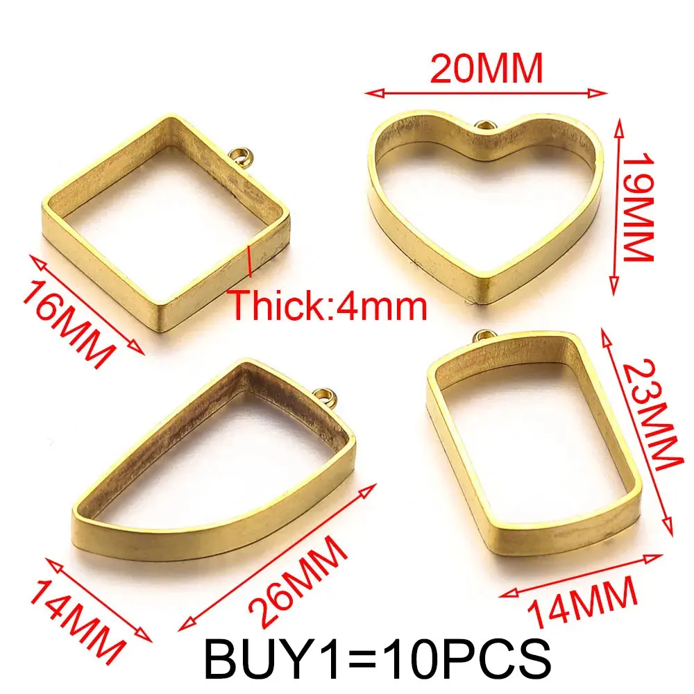 10pcs Stainless Steel PVD Gold Plated Heart Square Shaped UV Resin Silicone Mold Earrings Bezel Charms Connectors Jewelry Making