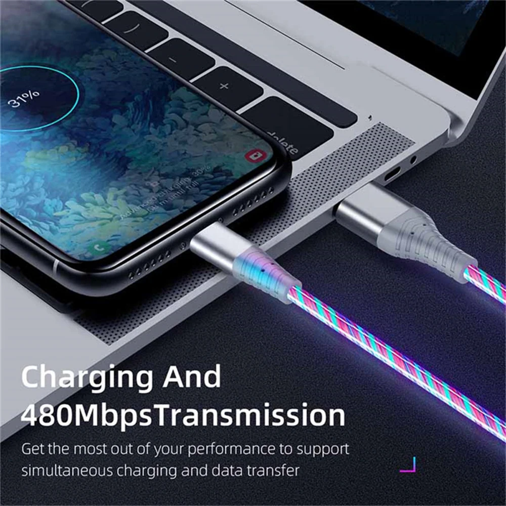 7A Glowing Cable Micro USB Type C Cable Fast Charging For iPhone  Huawei Xiaomi LED light Charger Flowing Streamer USB C Cord