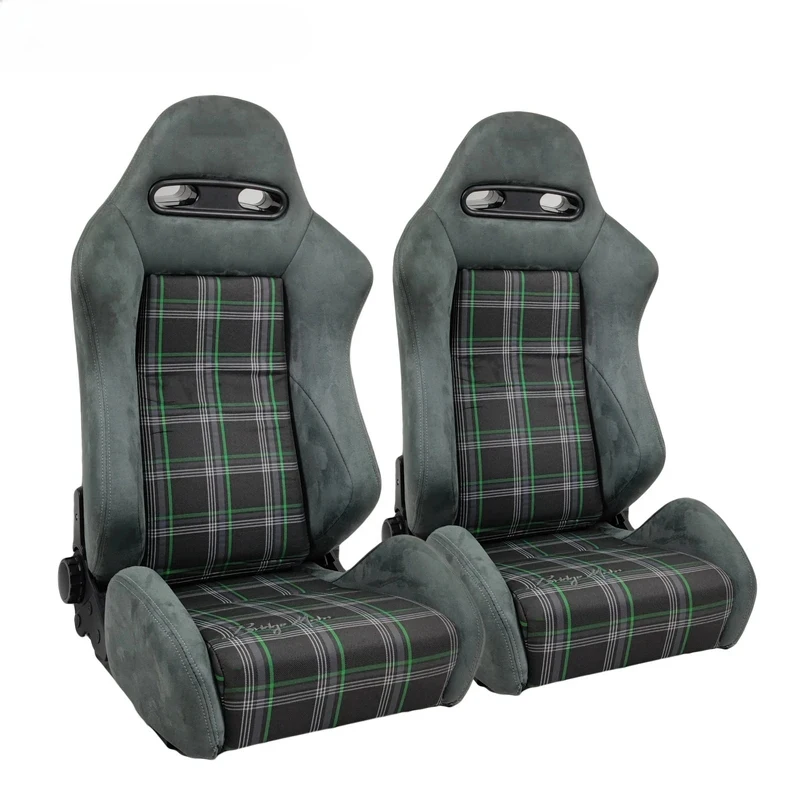 High Quality 2Pcs Sport Bucket Seats Grey Suede Recline Knob Sliders Customizable Color & Material
