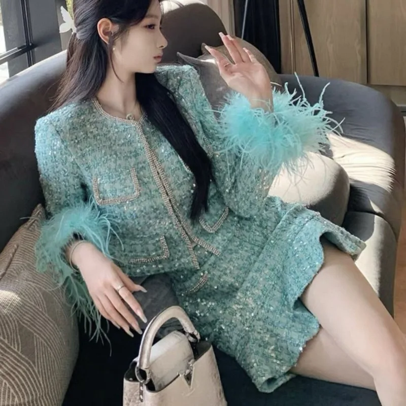 Haute Couture Suit, Autumn Blue Heavy Industry Sequined Feather Sleeves French Daughter Gold Small Fragrant Jacket Skirt Women