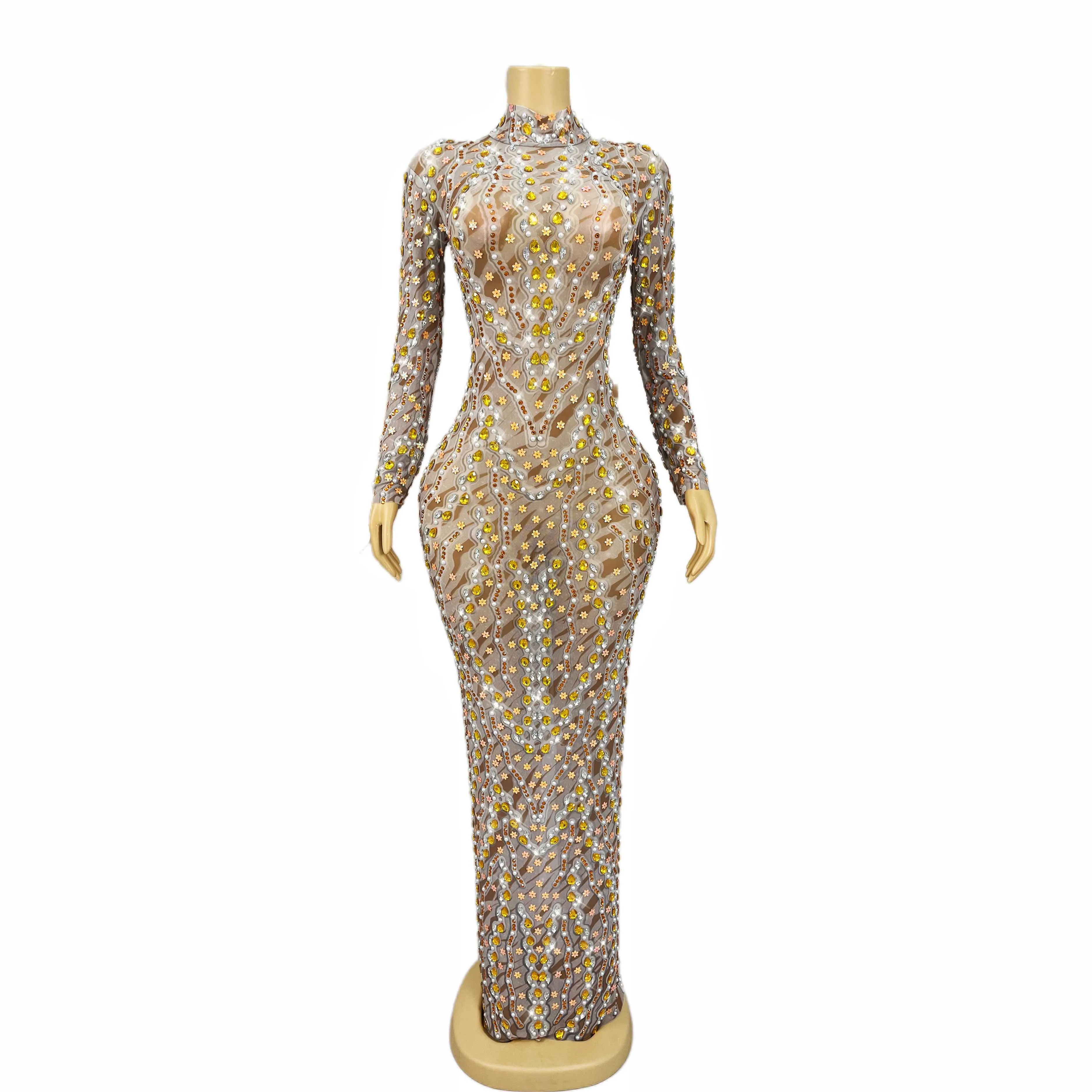 Colorful Rhinestones Sequins Flowers Dress Sexy Transparent Outfit Dance Stage Show Nightclub Women Costume Party Wear xuehuawen