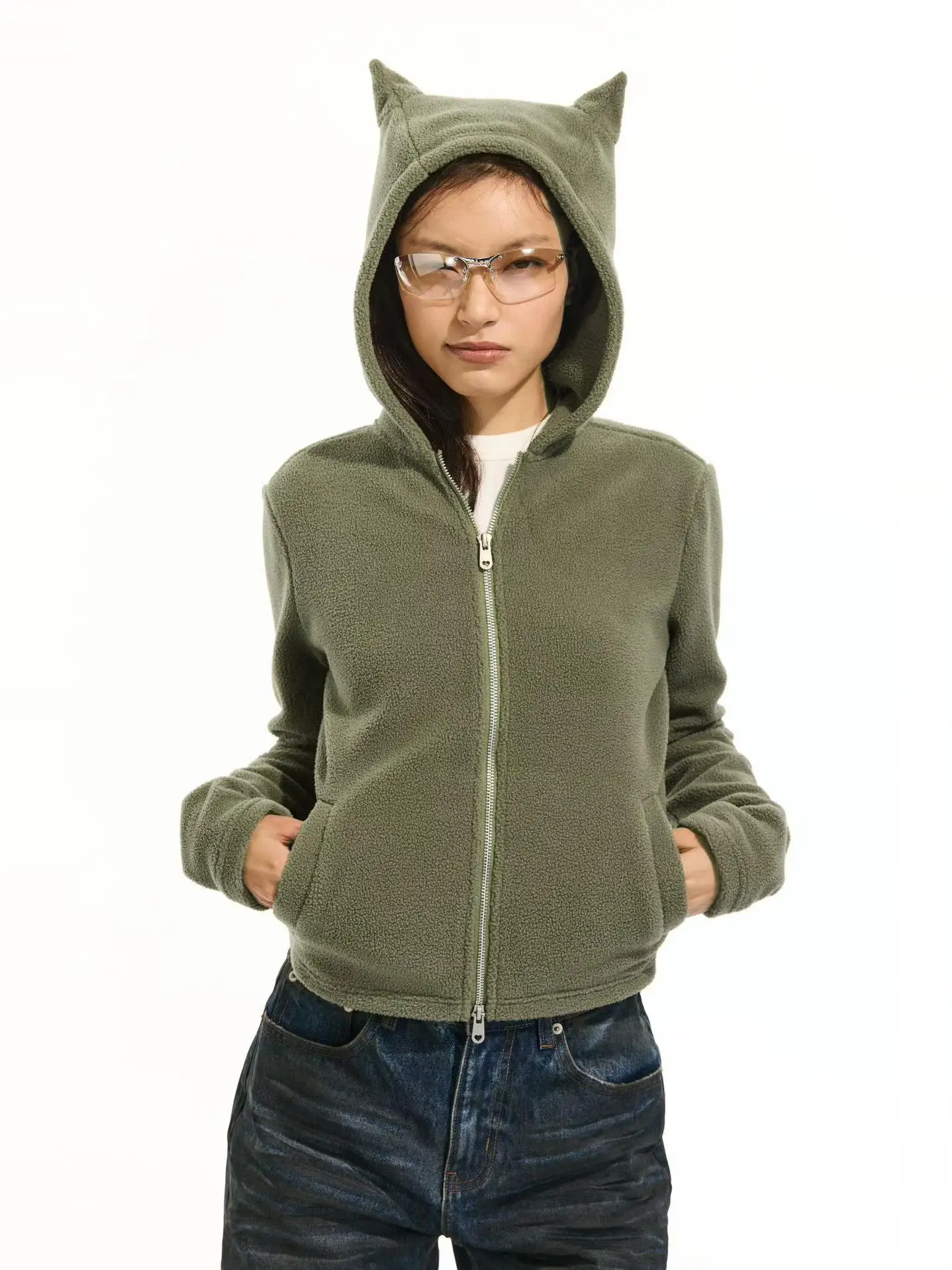 

Ear Heat Retention Warm Fce Heart Zipper Jaet Women's ort Coat Original Design Slim Fit Polyester Cotton Blend