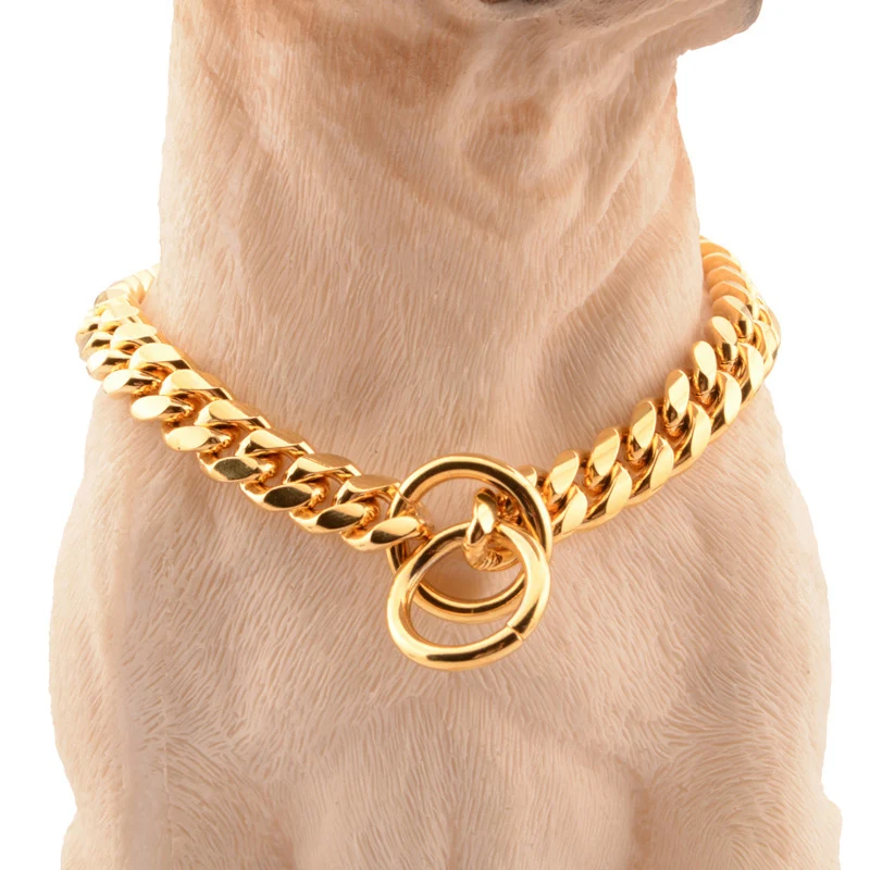 

Chain Dog Collar 18K Gold Cuban Link Chain Stainless Steel Metal Links 10MM Heavy & Duty Walking Training Chain Collar for Dogs