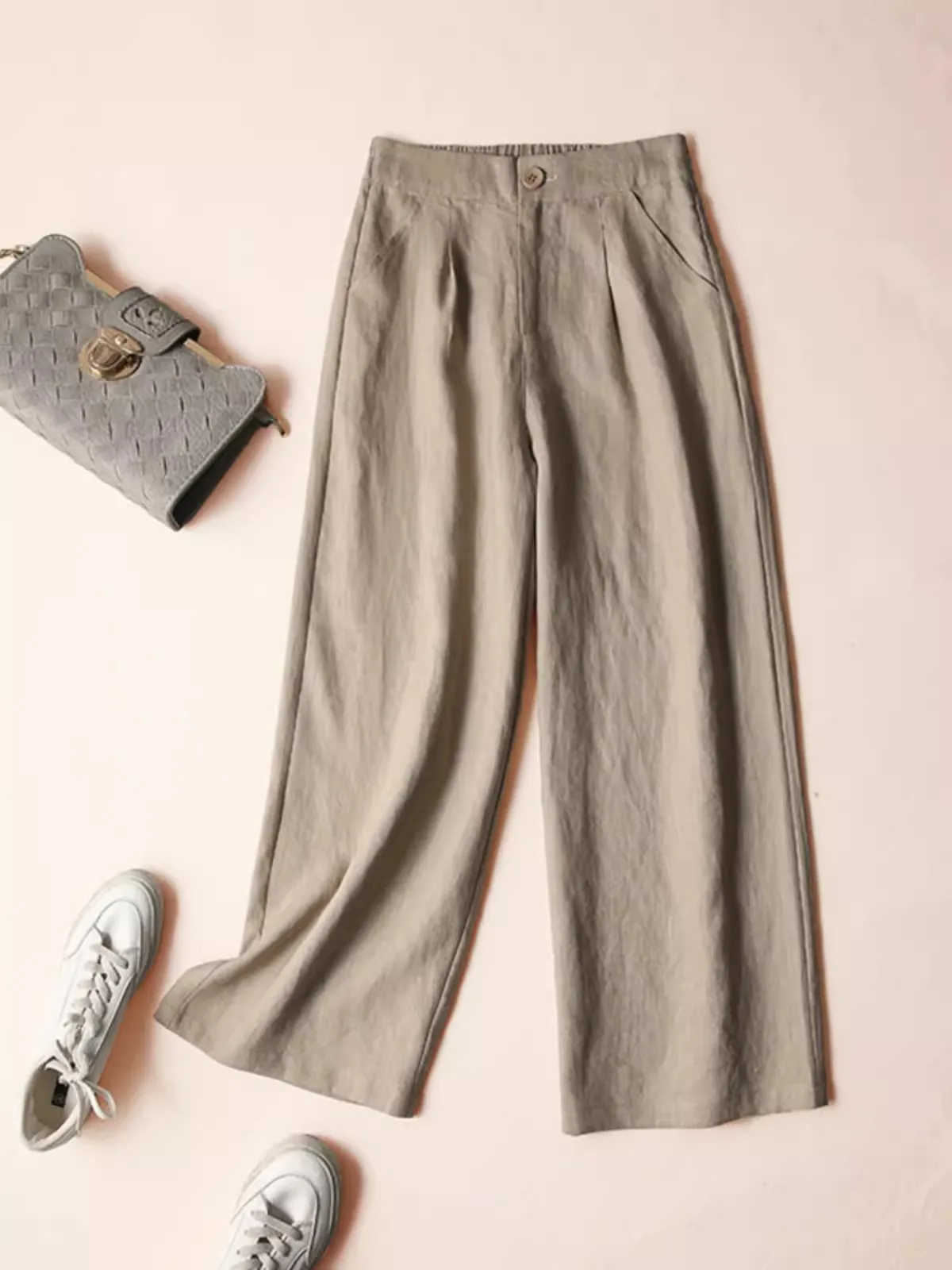 กางเกงขายาวผ้าลินินสีชมพูทรงขากว้างสำหรับผู้หญิง ใส่สบายในฤดูร้อน ดีไซน์เรียบง่าย ช่วยให้ดูผอมลง สไตล์ลำลอง ผ้าฝ้ายผสมลินิน ความยาวเก้าส่วน เหมาะสำหรับใส่ไปทำงาน