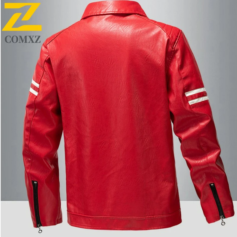 COMXZ Premium Leather Jacket Mens Classic Stand Collar Hiking Windproof Leather Coat Outdoor Sports Durable Autumn Outerwear​