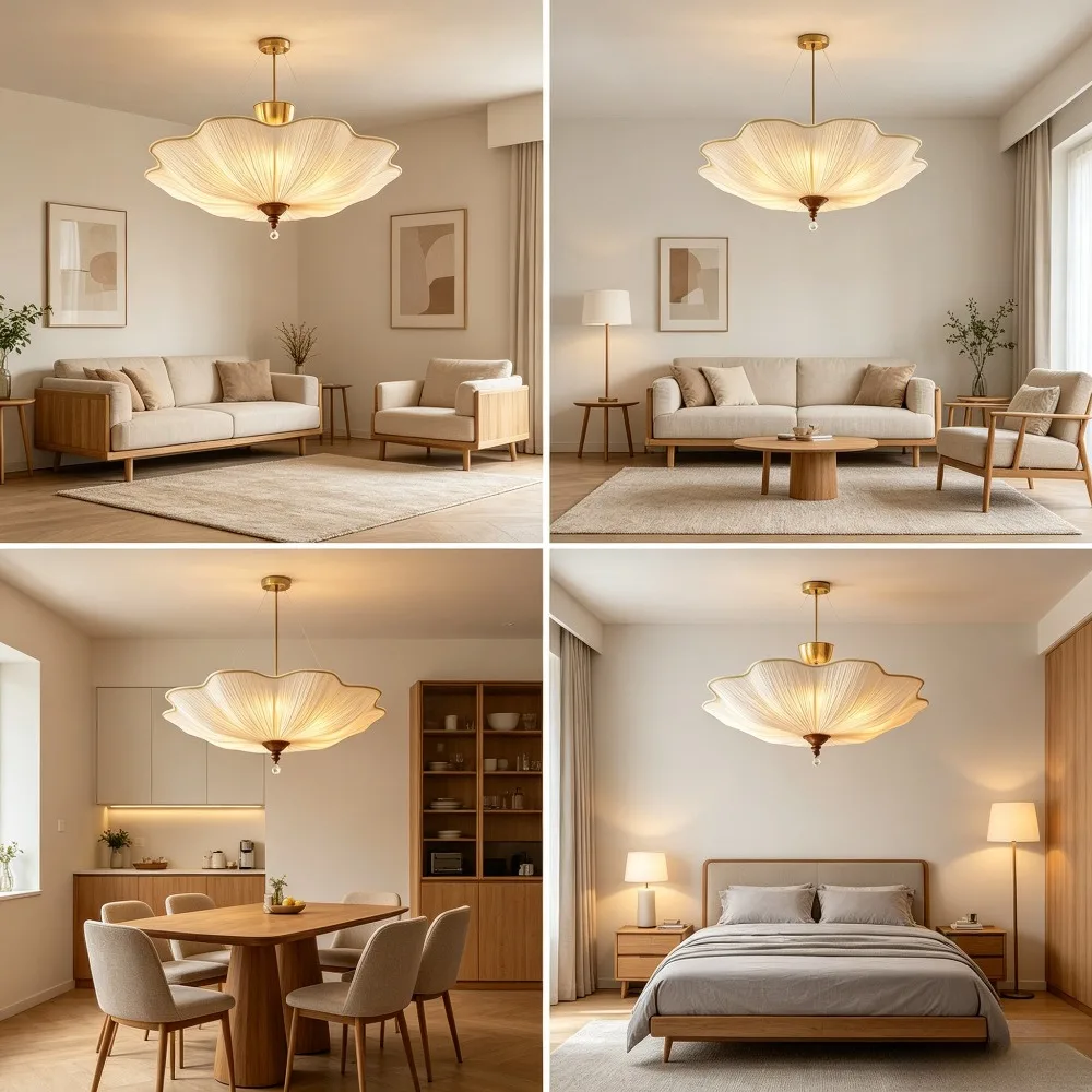 French Retro Lotus-leaf Shape White Fabric Ceiling Lights Living Room Bedroom Restaurant Tea House Eye Protection Hanging Lamps