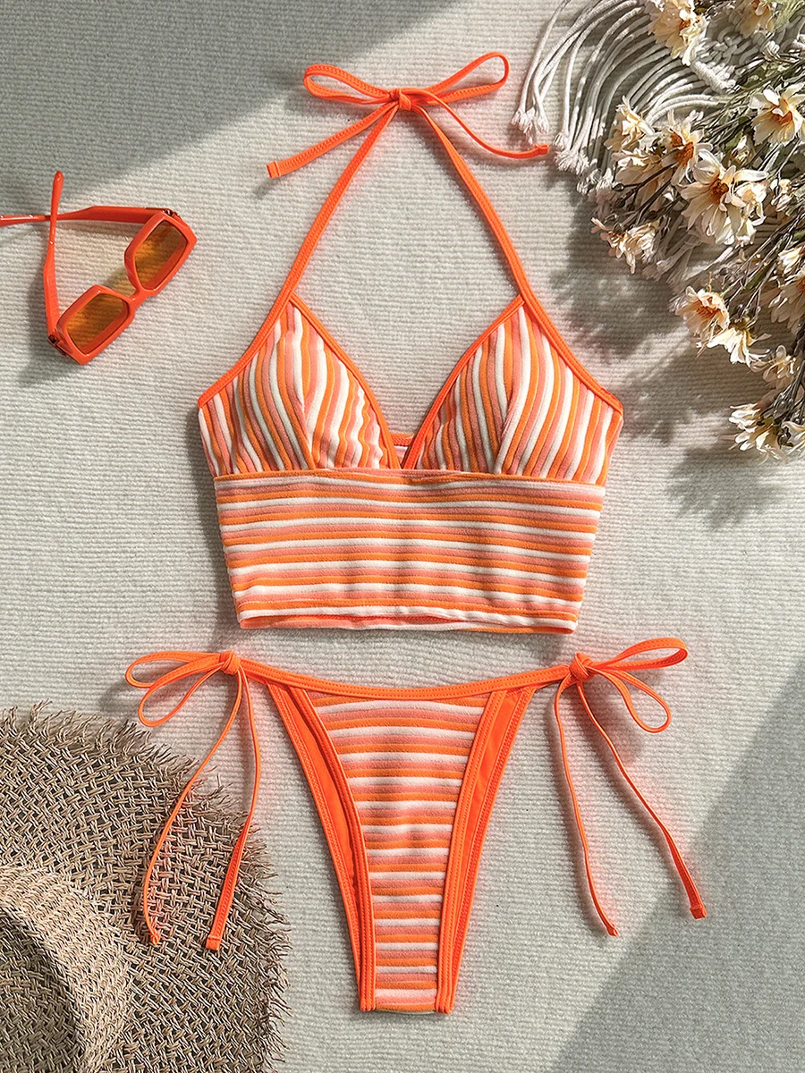 Striped Halter Tankini V Neck Bikini Women Swimwear Female Swimsuit Two-Pieces Bikini Set Padded Bather Bathing Suit Swim Lady