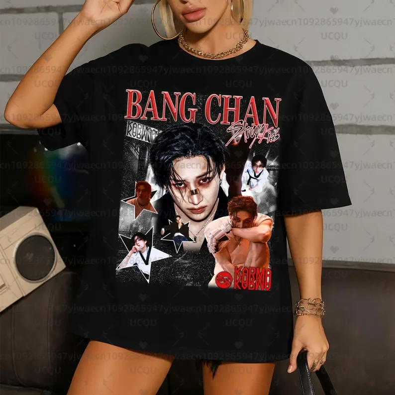 

Vintage Bang Chan Felix Kpop pattern T-shirt Short Sleeved Unisex Casual Men's Women's Round Neck T-shirt Tops