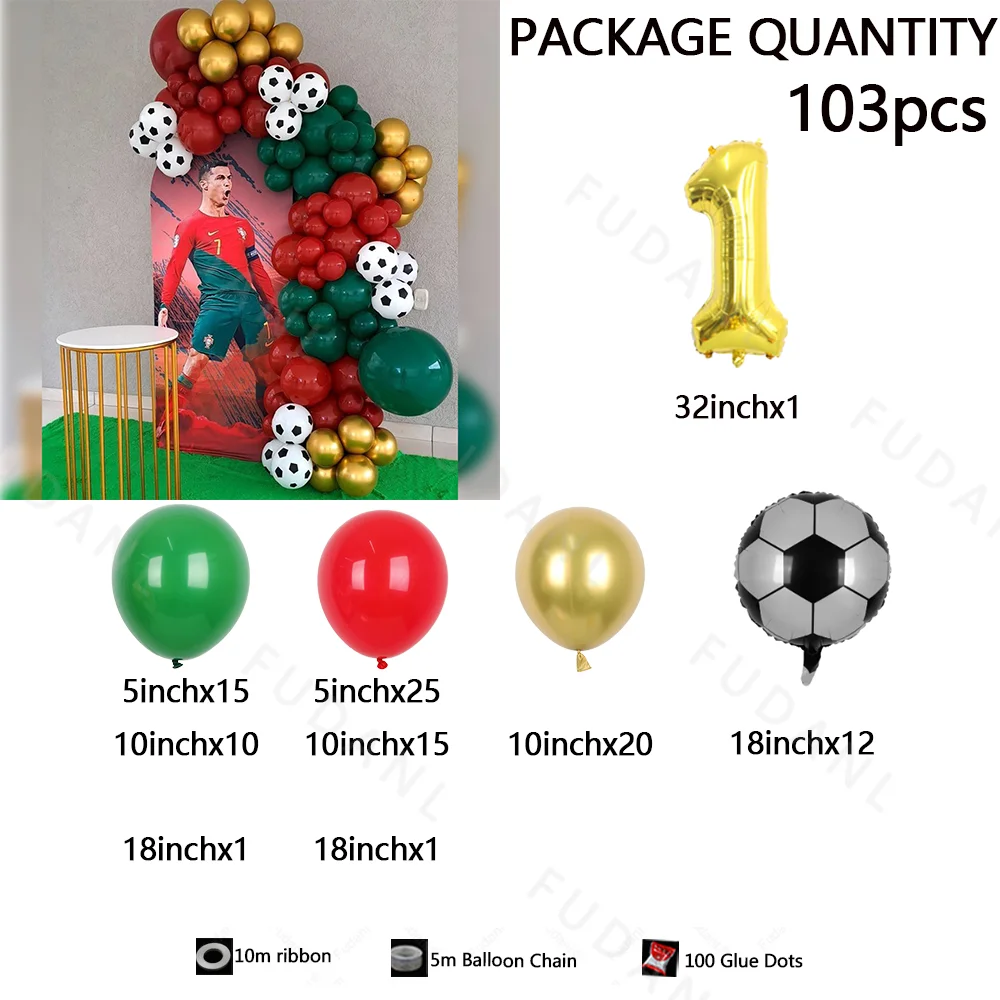 Arche de ballons de football en latex rouge et vert, 103 pièces, décoration de fête d'anniversaire pour garçon, jouets pour enfants