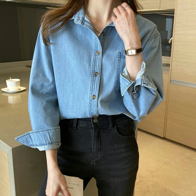 Vintage Denim Blouses For Women Spring Autumn Long Sleeved Lapel Solid Shirts Classic Simple Casual Jean Tops