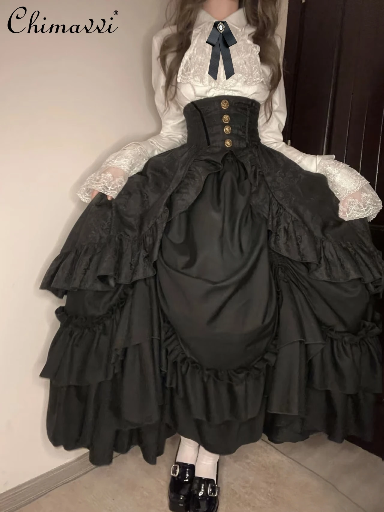 

Autumn New Gothic Halloween Skirt Set Punk Dark Girl Lolita Sleeve Shirt Waist Cincher Mid-Length Skirt Cos Women 2Piece Set