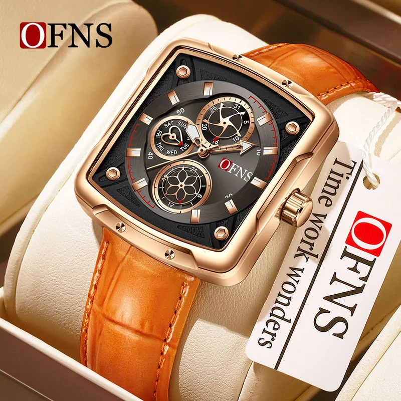 

OFNS1516 Fashion Square Six Needle Quartz Watch 3ATM Waterproof Luminous Head Layer Leather Strap Date Display Cool Men's Watch