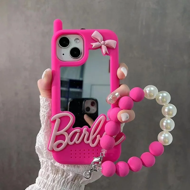 Luxury Retro Big Brother Cute Pink Barbie Bow Mirror Soft Phone Case For iPhone 13 12 11 14 15 Pro Max Bracelet Lanyard Cover