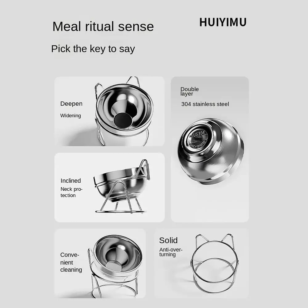 Pet Neck Protection Stainless Steel Cat Bowl with Stand Fall-Resistant Cat Water Bowl Drinking Bowl Slanted Mouth