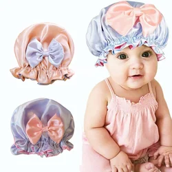 Double Layer Big Bow Knot Sleep Night Cap Satin Hair Protect Hat Baby Girls Night Turban Children Solid Headwrap Sleep Bonnet