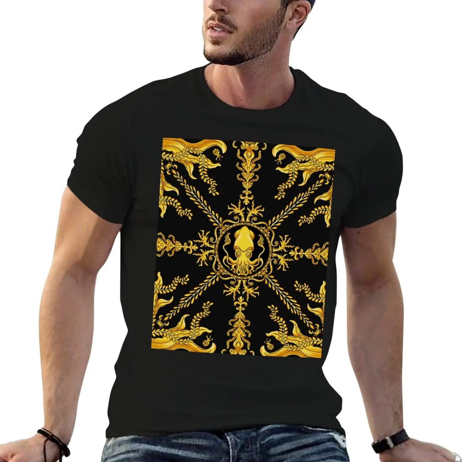 Designer Squid - Black T-Shirt Vintage Print Crew Neck Tee