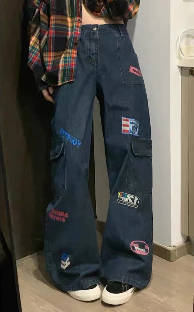 Y2K アメリカンレトロ ワークウェア デニムパンツ ユニセックス ルーズ ワイドレッグ ストレートパンツ ストリートウェア 秋 フロア丈ジーンズ