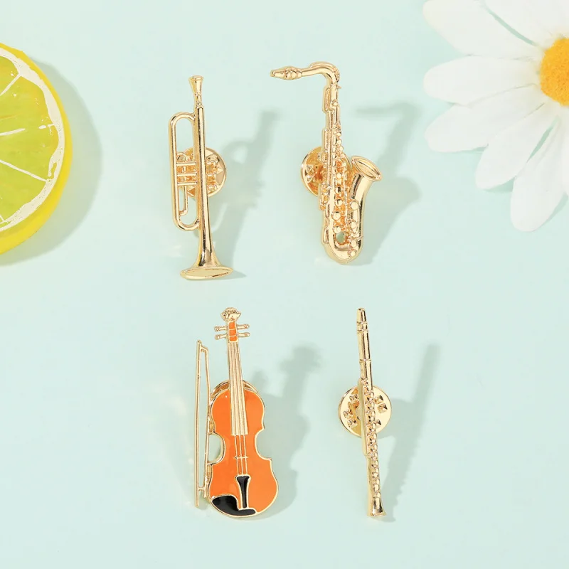 Metal Musical Instrument Lapel Pin Sax Violin Flute Trumpet Brooch Music Lover Badge Suit Collar