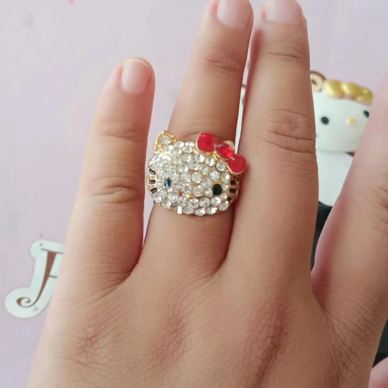 

Sanrio Hello Kitty Ring Cute Band Diamond Punk Style Y2K Spice Girls Halloween Woman Jewelry Adjustable Decorative Ring Gift