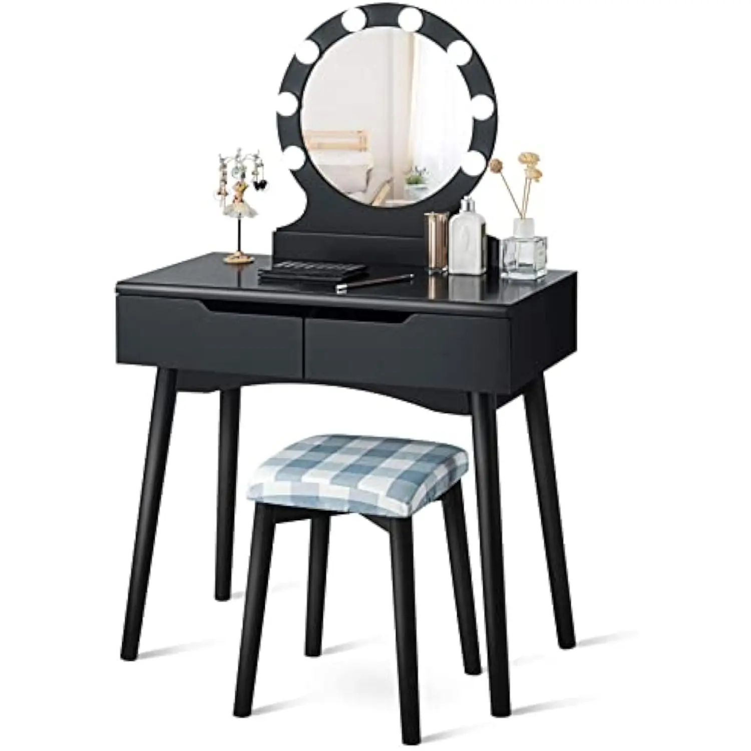 

Vanity Set with Mirror & 8 Light Bulbs, Bedroom Dressing Table W/Padded Stool & Adjustable Touch Switch, Modern Dresser W/2 Dr