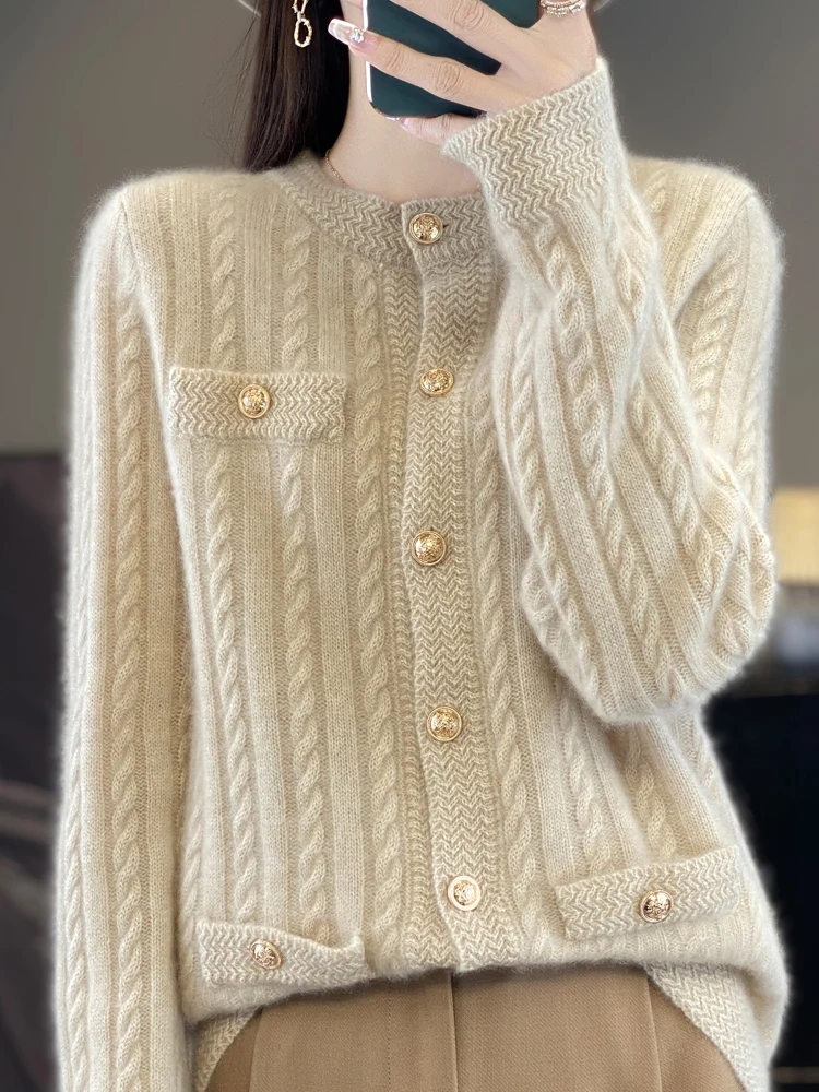 المرأة الدافئة الخريف الشتاء سميكة 100% ميرينو الصوف محبوك سترة أزرار سترة عادية فضفاض س الرقبة كابل Stitc الملابس القمم #5